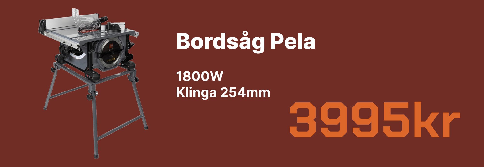 Bordsåg mot vinröd bakgrund, sågens namn samt pris visas på bilden