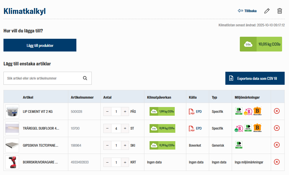 Klimatkalkyl hos Carlenskogs som visar produktdata, klimatpåverkan och EPD-källor.