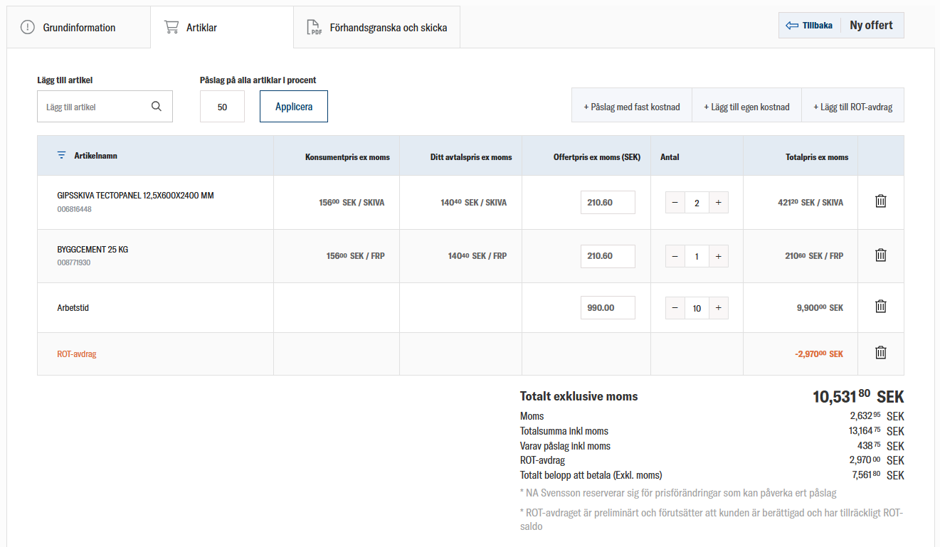 Offertverktyg hos Carlenskogs som visar byggprodukter, priser och ROT-avdrag.