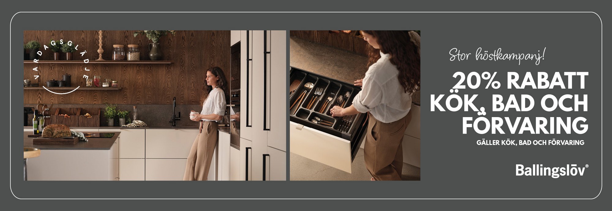 Först bilden visar en kvinna i kök som lutar sig mot ett köksskåp samtidigt som hon håller en skål i handen. Andra bilden föreställer en kvinna som letar i en besticklåda, vy ovanifrån.