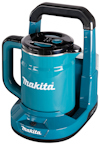 Batteridriven vattenkokare i blått med svarta detaljer och texten "Makita" på sidan.