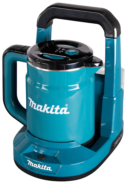 Batteridriven vattenkokare i blått med svarta detaljer och texten "Makita" på sidan.