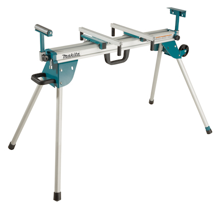 Hopfällbar sågbänk med blå detaljer och justerbara stödben, märkt "Makita".