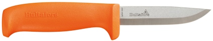 Orange kniv med ett rakt blad och Hultafors-logotyp på handtaget.