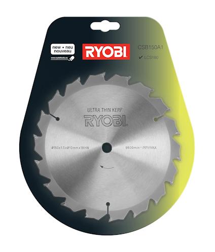 Rund sågklinga med silverfärgad yta, monterad på förpackning. Text: "RYOBI", "ULTRA THIN KERF", samt produktkod och specifikationer.