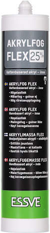Vit och grön tub märkt "AKRYLFOG FLEX 25%" med detaljerad text om användning och funktion.