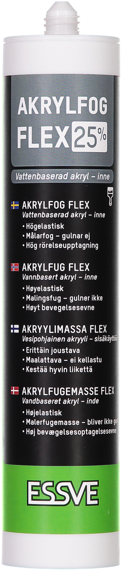 Vit och grön cylinderformad tub märkt "AKRYLFOG FLEX 25%" med ESSVE-logotyp.