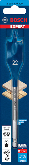 Blå borrbits från Bosch med text "Expert", diameter 22 mm, självsnittande, för träbearbetning. Förpackad i kartong.