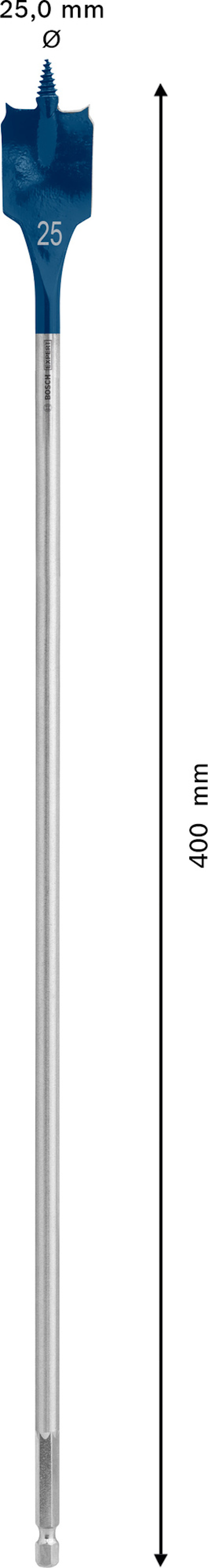 Lång borr med blå spets, märkt "25" och "25,0 mm". Längd markerad som "400 mm".