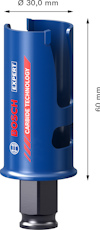 Cylindrisk metallborr, blå, med märkning "Bosch Expert Carbide Technology", diameter 30,0 mm, höjd 60 mm.