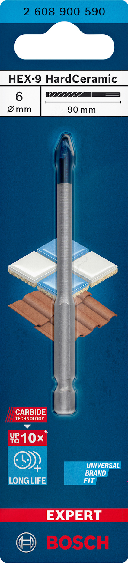 Förpackning för Bosch HEX-9 HardCeramic borr, 6 mm x 90 mm, med text och produktbild.