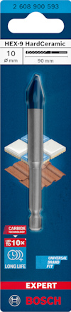 Borr för hård keramik, Bosch Expert HEX-9, 10 mm, 90 mm, lång livslängd, karbidteknik, för universella borrtillämpningar.