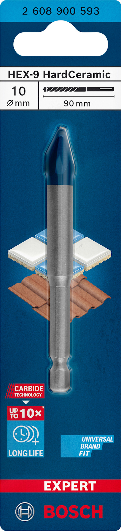 Borr för hård keramik, Bosch Expert HEX-9, 10 mm, 90 mm, lång livslängd, karbidteknik, för universella borrtillämpningar.