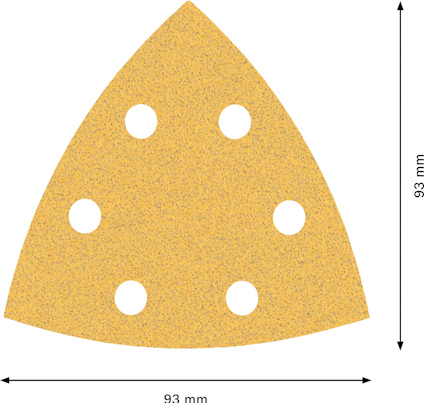 Triangulärt sandpapper med sex hål, mått 93 mm x 93 mm.