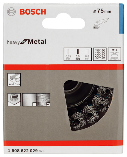 Förpackning med Bosch heavy Metal borste, diameter 75 mm, M14, tjocklek 0,5 mm.