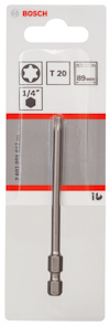 Förpackning med Bosch bits, T20, 89 mm, 1/4" storlek.