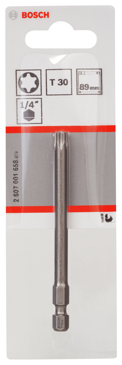 Förpackning innehållande Bosch T30 bits, 89 mm lång, med 1/4" infästning.