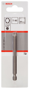 Förpackning med Bosch T40 borrskruvmejselbits, 89mm, 1/4-tum fäste.