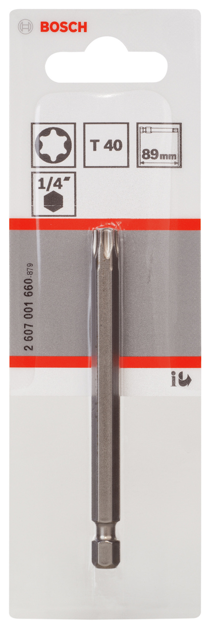 Förpackning med Bosch T40 borrskruvmejselbits, 89mm, 1/4-tum fäste.