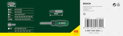Förpackning med Bosch Precision Bit Set, 46 delar, med verktygs- och streckkodsinformation.