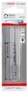 Förpackning med Bosch HSS-borr, 2,0 mm, med text om Impact Control och högt slagtålighet.