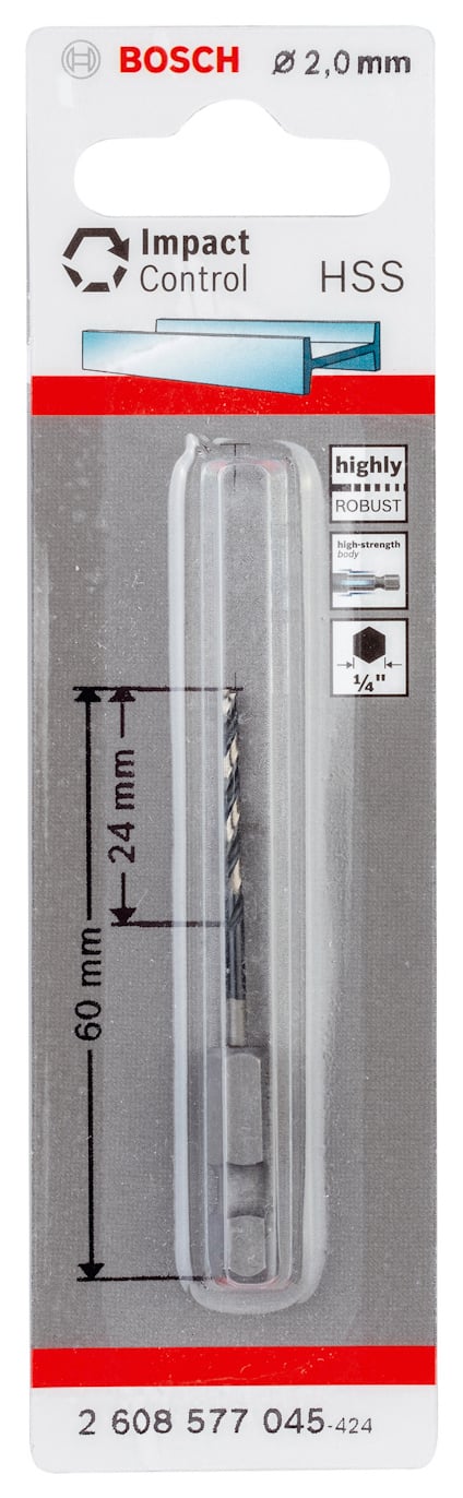 Förpackning med Bosch HSS-borr, 2,0 mm, med text om Impact Control och högt slagtålighet.
