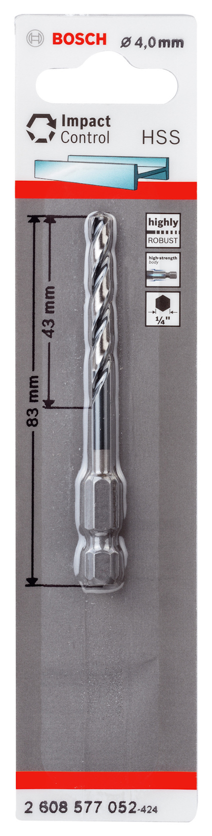 Förpackning med Bosch HSS borrspets, Ø 4,0 mm, total längd 83 mm, arbetslängd 43 mm, för slagborrmaskiner.