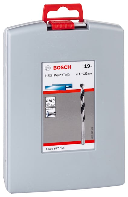 Borrsats i grå förpackning med rött handtag, Bosch HSS PointTeQ, storlekar #1-10 mm.