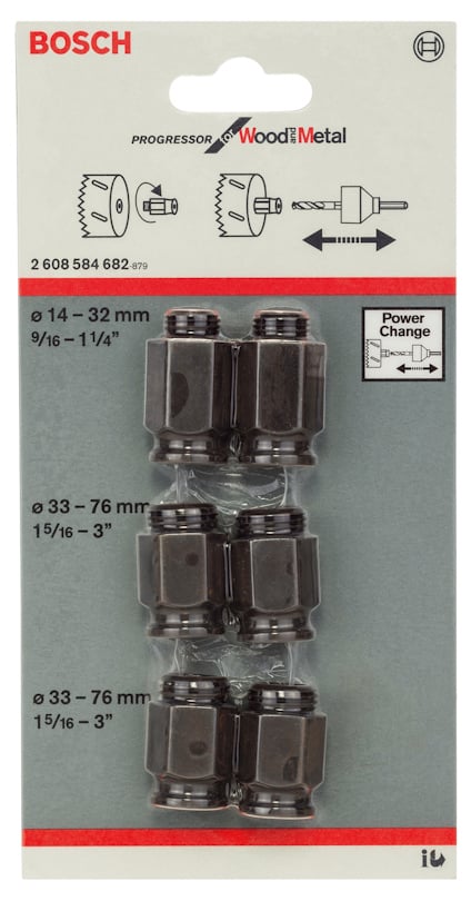 Boschsats för hålsågar. För trä och metall, storlekar 14–76 mm. Fyra svarta adaptrar medföljer.