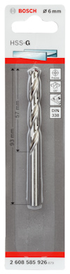 Borr från Bosch, HSS-G, 6 mm diameter, 93 mm längd. Förpackning visar produkt och specifikationer.