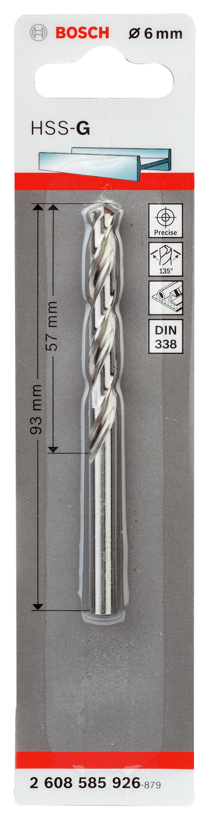 Borr från Bosch, HSS-G, 6 mm diameter, 93 mm längd. Förpackning visar produkt och specifikationer.