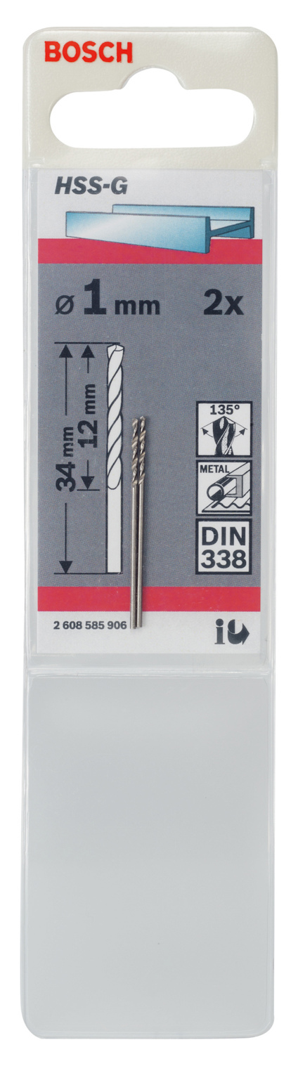 Förpackning av HSS-G-borrar, storlek 1 mm, 2 stycken, märkt Bosch, med illustrationer och texten DIN 338.