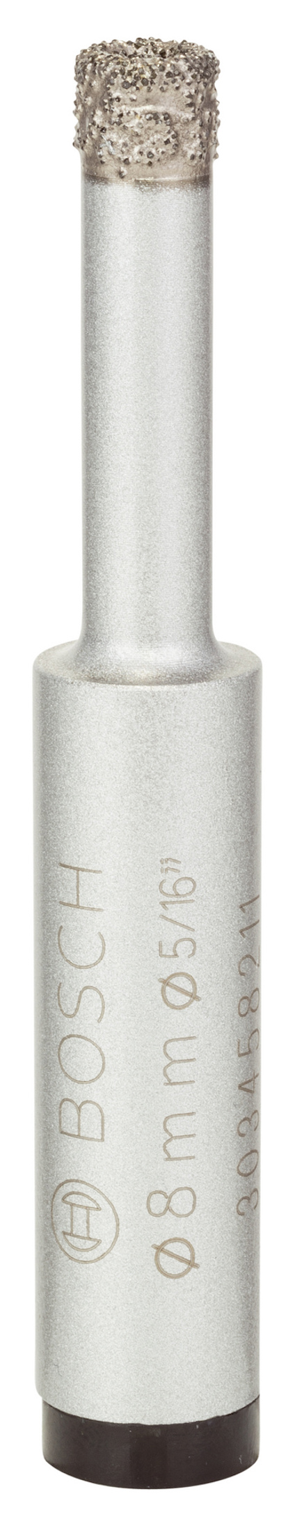 Diamantborr med silverfärgad kropp, Bosch-logga och text "Ø 8 mm".