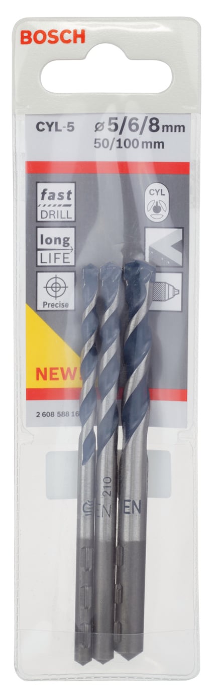 Förpackning med tre Bosch borrbits, storlekar 5/6/8 mm, längd 50/100 mm. Text: "fast DRILL", "long LIFE", "CYL-5".