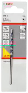 Förpackning med Bosch CYL-5 borr, 4mm, 50/90mm. Funktioner: "fast drill", "long life", "precise".