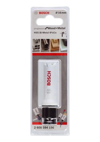 Förpackning med Bosch hålsåg för trä och metall, diameter 16 mm, HSS Bi-Metal 8% Co, modellnummer 2 608 594 196.