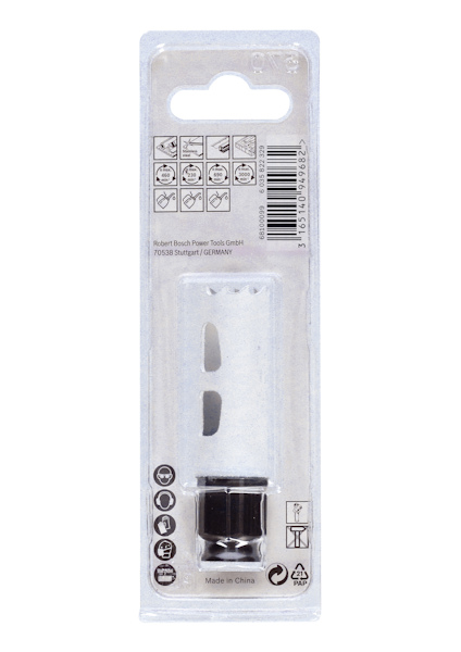 Förpackning med ett multiverktygstillbehör, innehållande en skärbit. Text: Made in China. Етикett med streckkod och instruktioner.