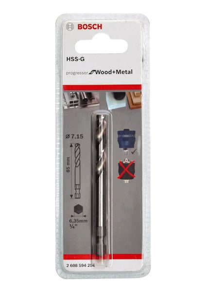 Borr i förpackning med Bosch-logga, märkt "HSS-G progressor Wood+Metal", 7,15 mm diameter, 85 mm längd, artikelnummer 2 608 594 254.