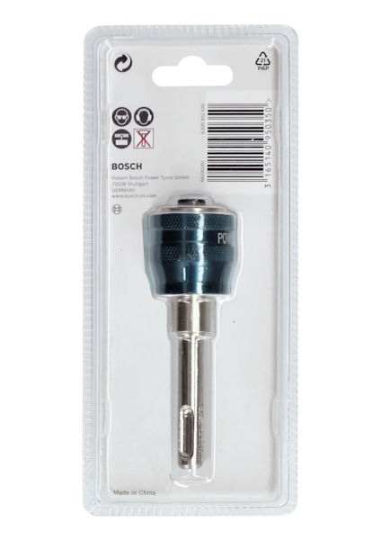 Förpackad borrchuck från varumärket Bosch, med streckkod och texten "Made in China".