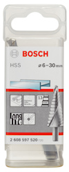Förpackning med Bosch stegborr, HSS, diameter 6–30 mm, art.nr 2 608 597 520-720.