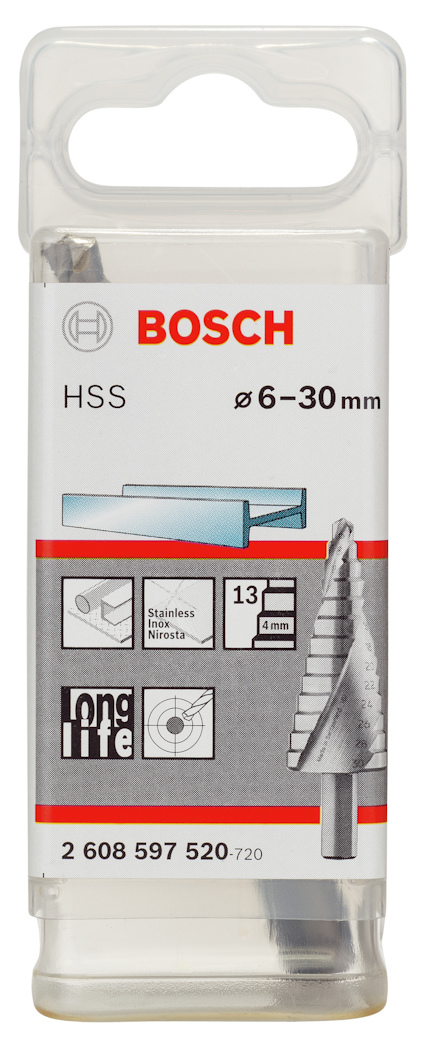 Förpackning med Bosch stegborr, HSS, diameter 6–30 mm, art.nr 2 608 597 520-720.