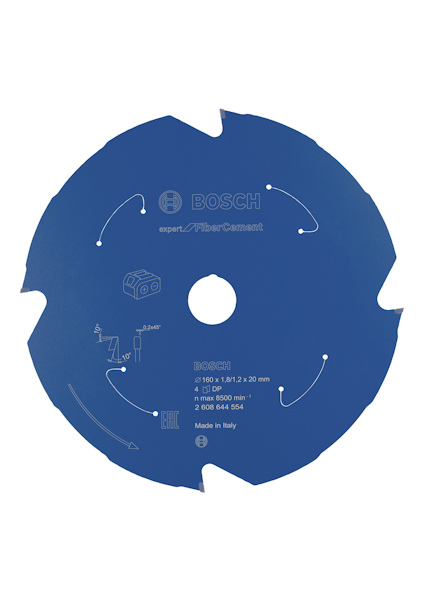 Blå cirkelsågklinga med vit text och illustrationer; märkt "BOSCH," "expert," och "Made in Italy."