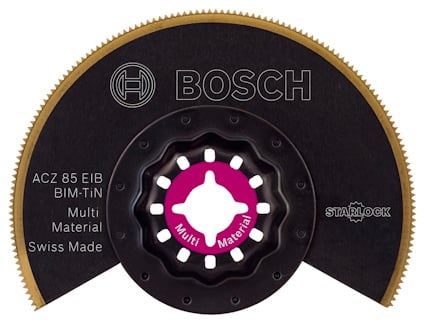 Runt sågbord i metall med guldtandade kanter. Märkt "BOSCH", "ACZ 85 EIB", "BIM-TiN", "Multi Material", "Swiss Made", "Starlock".
