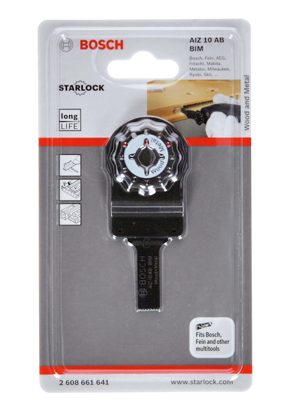 Förpackning med Bosch Starlock AIZ 10 AB BIM sågblad för trä och metall, artikelnummer 2 608 661 641.