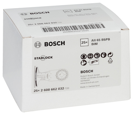 Förpackning med Bosch Starlock sågblad, modell AII 65 BSPB BIM, innehållande 25 stycken.