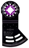 Svart sågblad med rundad tandad kant, lila och vit text och stjärnformad montering. Texter: "BOSCH", "Multi Material".