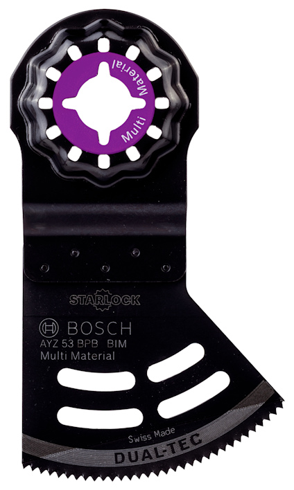 Svart sågblad med rundad tandad kant, lila och vit text och stjärnformad montering. Texter: "BOSCH", "Multi Material".