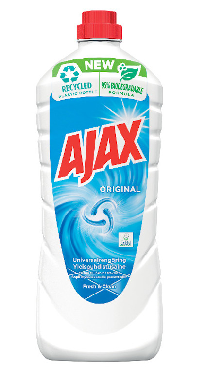 Flaska med röd kork märkt "Ajax Original". Text om återvunnen plast och 95% biologiskt nedbrytbar formula.