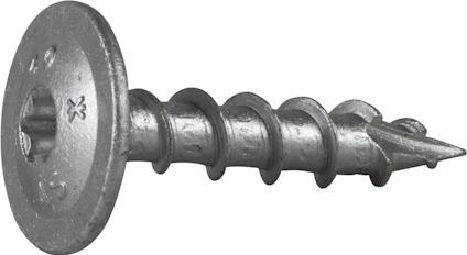 Metallskruv med bred huvudyta och gängor, liggande på en neutral bakgrund.