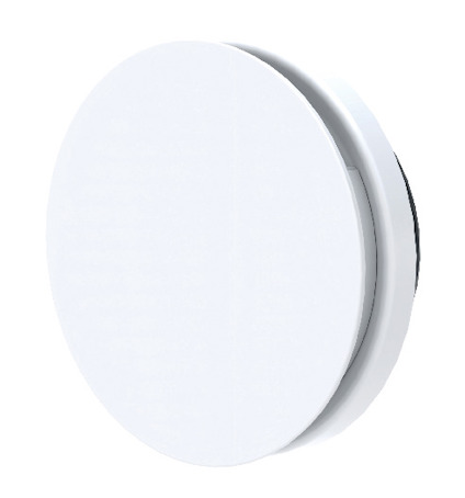 Vit, rund ventilationsläcka med slät framsida och diskret mellanrum mot bakgrunden, sannolikt för till- och frånluft.